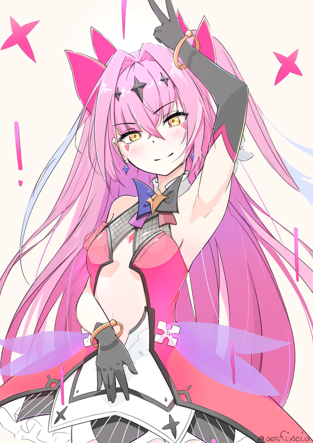 1girl, aesfixcia, arm_up, armpits, asymmetrical_gloves, bare_shoulders, black_bow, black_bowtie