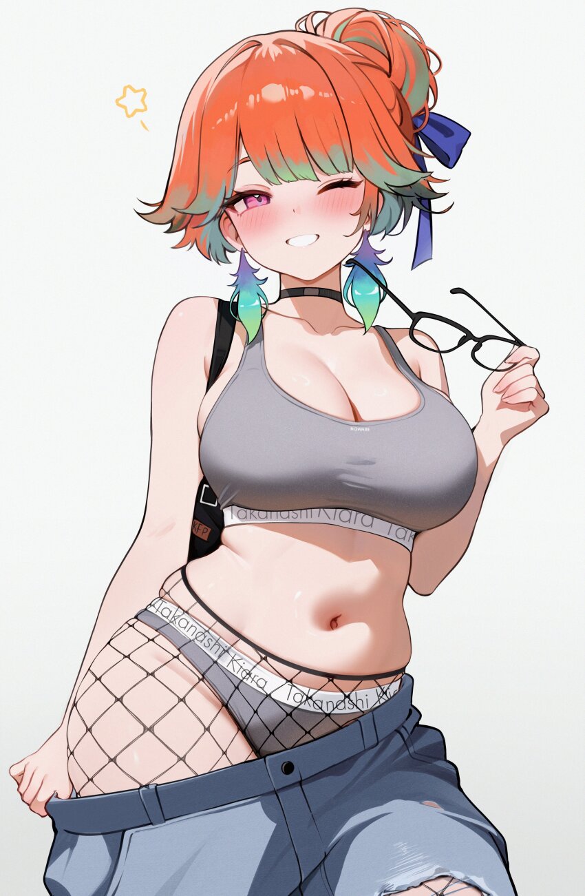 1girl, absurdres, aqua_feathers, artist_name, bag, bare_shoulders, belly, black-framed_eyewear