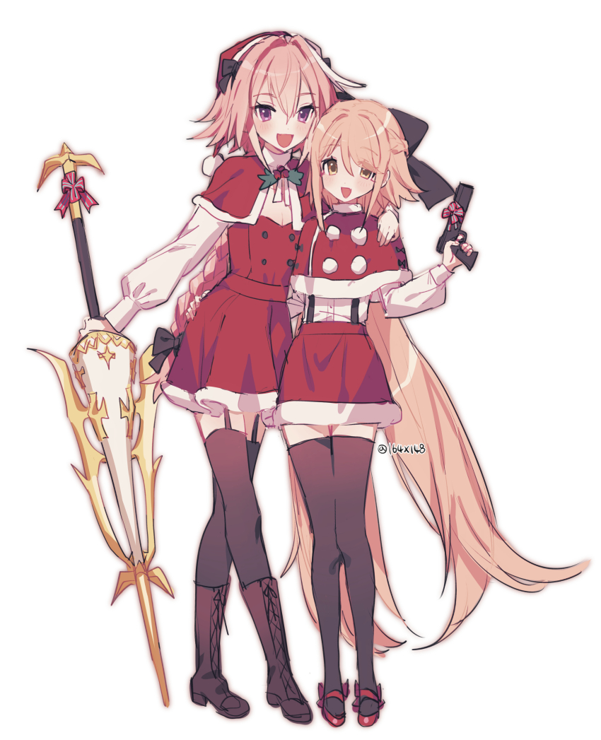 1boy, 1girl, absurdres, astolfo_(fate), blonde_hair, bow, braid, christmas, couple, fate/grand_order, fate_(series), garter_straps, gun, hair_bow, hat, hetero, highres, holding, holding_gun, holding_polearm, holding_weapon, koyashaka, lance, liss_meier_(koyashaka), long_hair, oc_x_canon, pink_hair, polearm, santa_costume, santa_hat, skirt, smile, trap_of_argalia, weapon