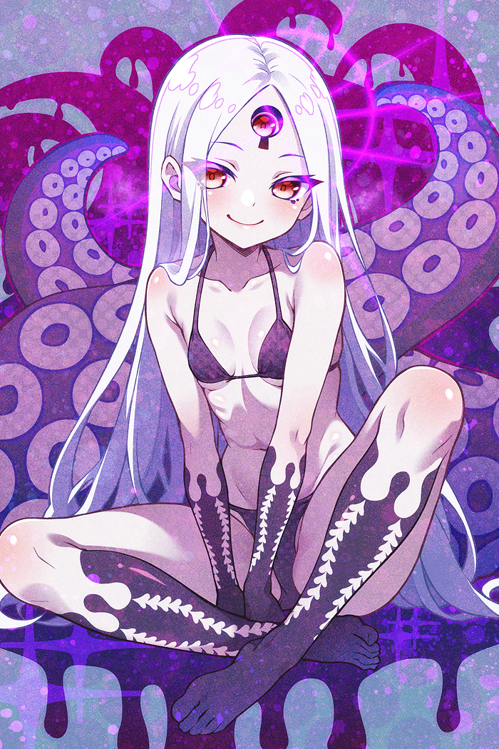 1girl, abigail_williams_(fate), alternate_breast_size_(smaller), alternate_costume, bare_shoulders, barefoot, bikini, black_bikini