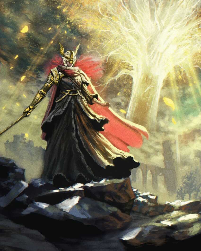 1girl, armor, bridge, cape, commentary, elden_ring, erdtree_(elden_ring), falling_leaves