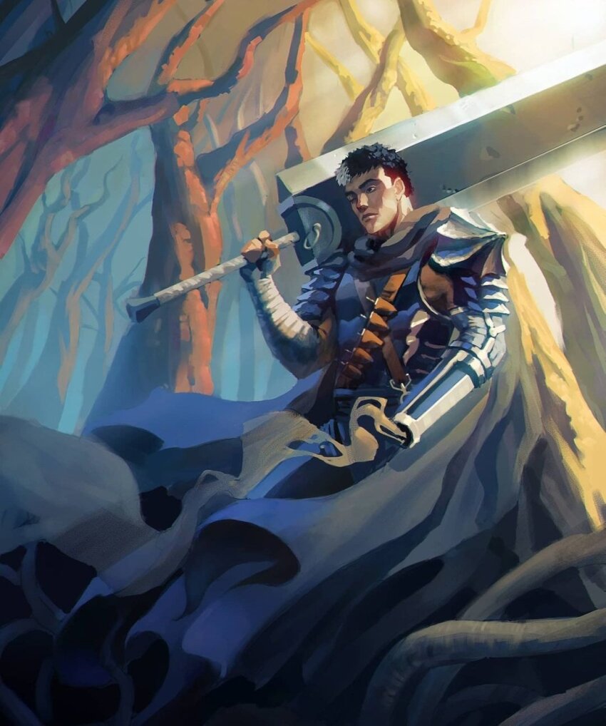 1boy, armor, bandaged_arm, bandages, belt, berserk, cloak, commentary