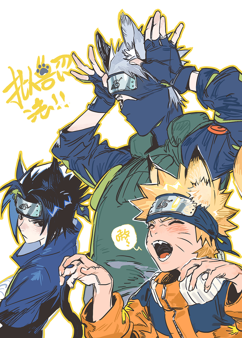 3boys, animal_ears, black_eyes, black_hair, blonde_hair, cat_ears, closed_eyes, closed_mouth