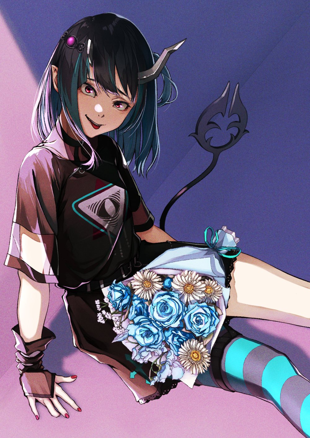 1girl, belt, black_belt, black_dress, black_hair, blue_flower, blue_hair, blue_pantyhose, blue_rose, breasts, commentary, demon_girl, demon_horns, demon_tail, dress, eye_hair_ornament, eye_of_providence, feet_out_of_frame, flower, highres, horns, looking_at_viewer, medium_hair, momose_nasukura, multicolored_hair, nanashi_inc., official_alternate_costume, open_mouth, pantyhose, pointy_ears, purple_background, red_eyes, rose, shishio_chris, shishio_chris_(3rd_costume), short_sleeves, single_leg_pantyhose, small_breasts, smile, solo, striped_clothes, striped_pantyhose, tail, two-tone_hair, virtual_youtuber, white_flower