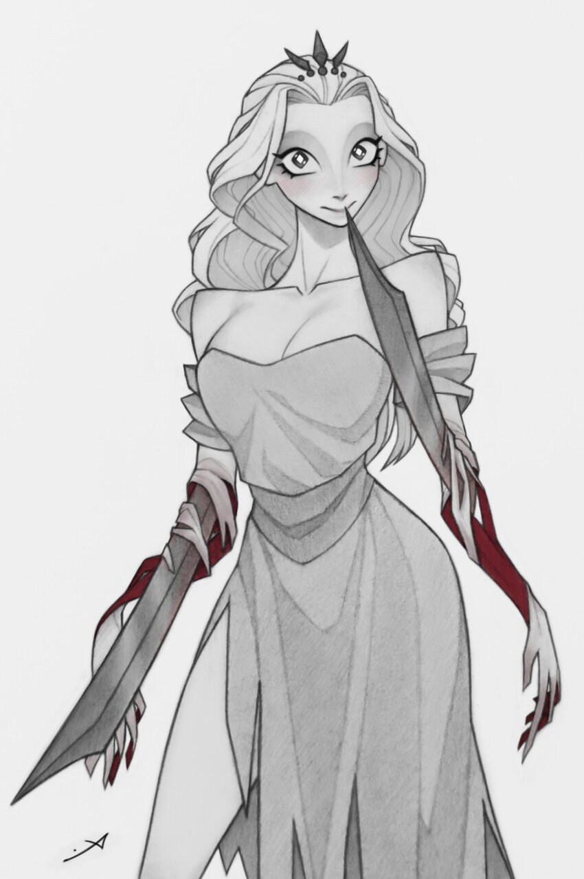 1girl, absurdres, arm_blade, bare_shoulders, commentary, cowboy_shot, dress, english_commentary