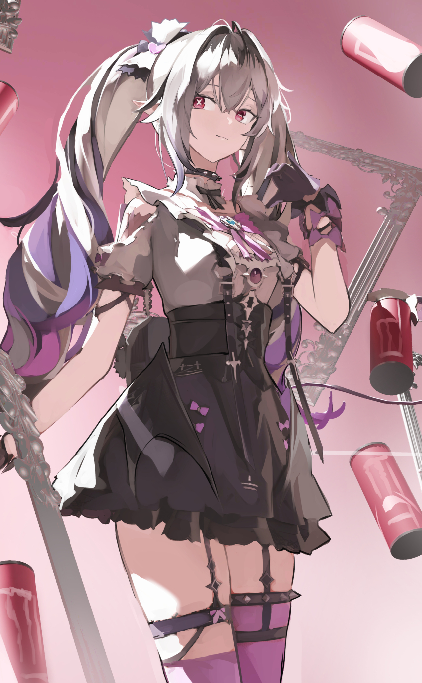 1girl, absurdres, black_gloves, black_skirt, bow, bowtie, breasts, can