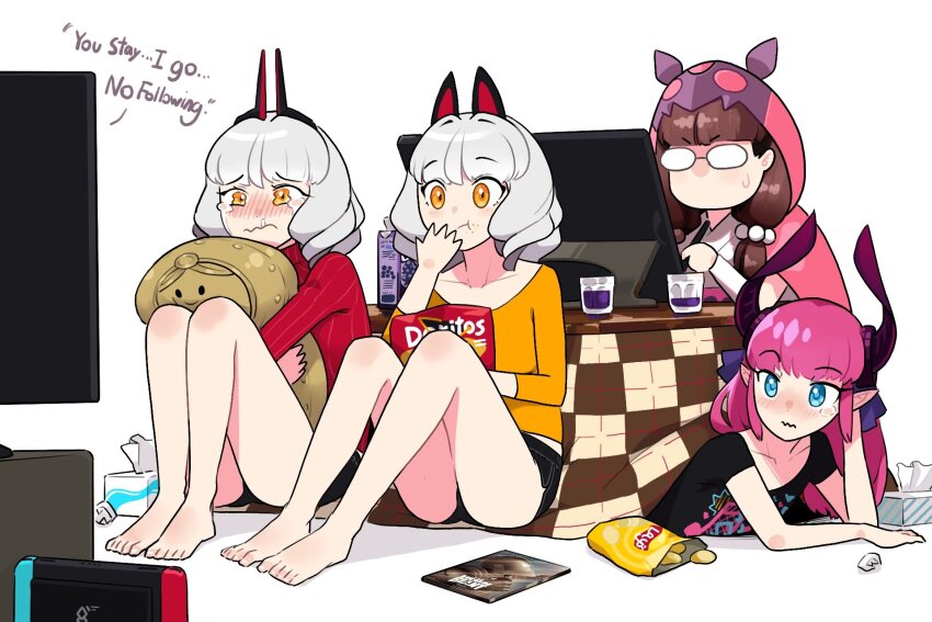 4girls, black_shirt, black_shorts, blue_eyes, blush, brown_hair, carmilla_(fate), carmilla_alter_(monkey_jon)_(fate)