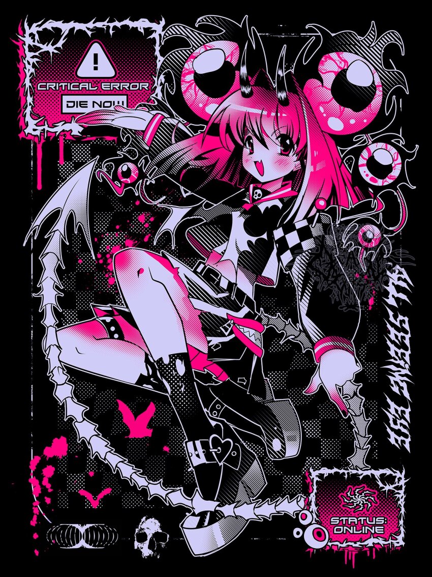 1girl, 2000s_(style), acid_graphics, commentary, english_commentary, error_message, eyeball, fang