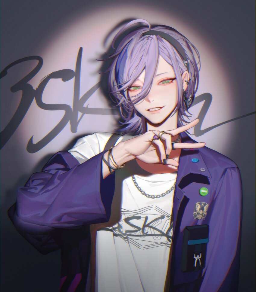 1boy, ahoge, badge, black_hairband, black_nails, bracelet, button_badge, chain