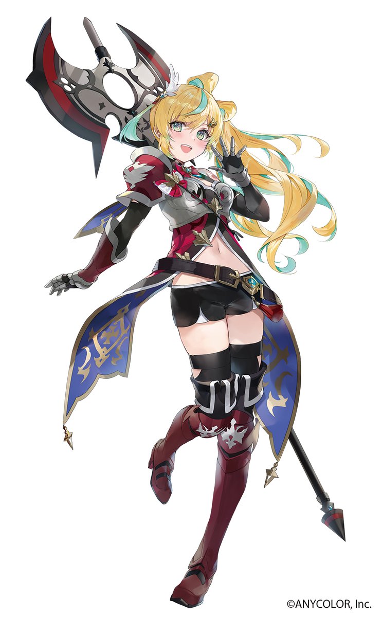 1girl, :d, aqua_hair, armor, armored_boots, axe, battle_axe, belt