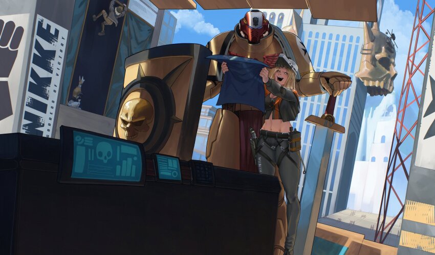 1other, 2girls, adeptus_astartes, armor, arms_up, bandaid, bandaid_on_face, bandaid_on_nose