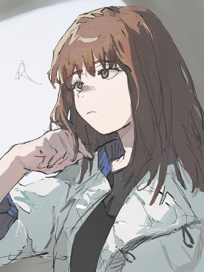 1girl, black_shirt, bomber_jacket, brown_eyes, brown_hair, closed_mouth, highres, jacket