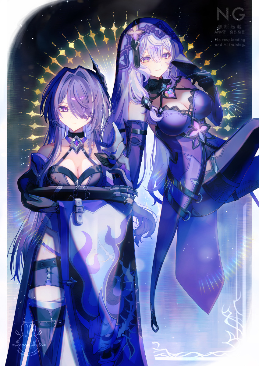 2girls, absurdres, acheron_(honkai:_star_rail), armor, bare_shoulders, black_choker, black_gloves, black_swan_(honkai:_star_rail)