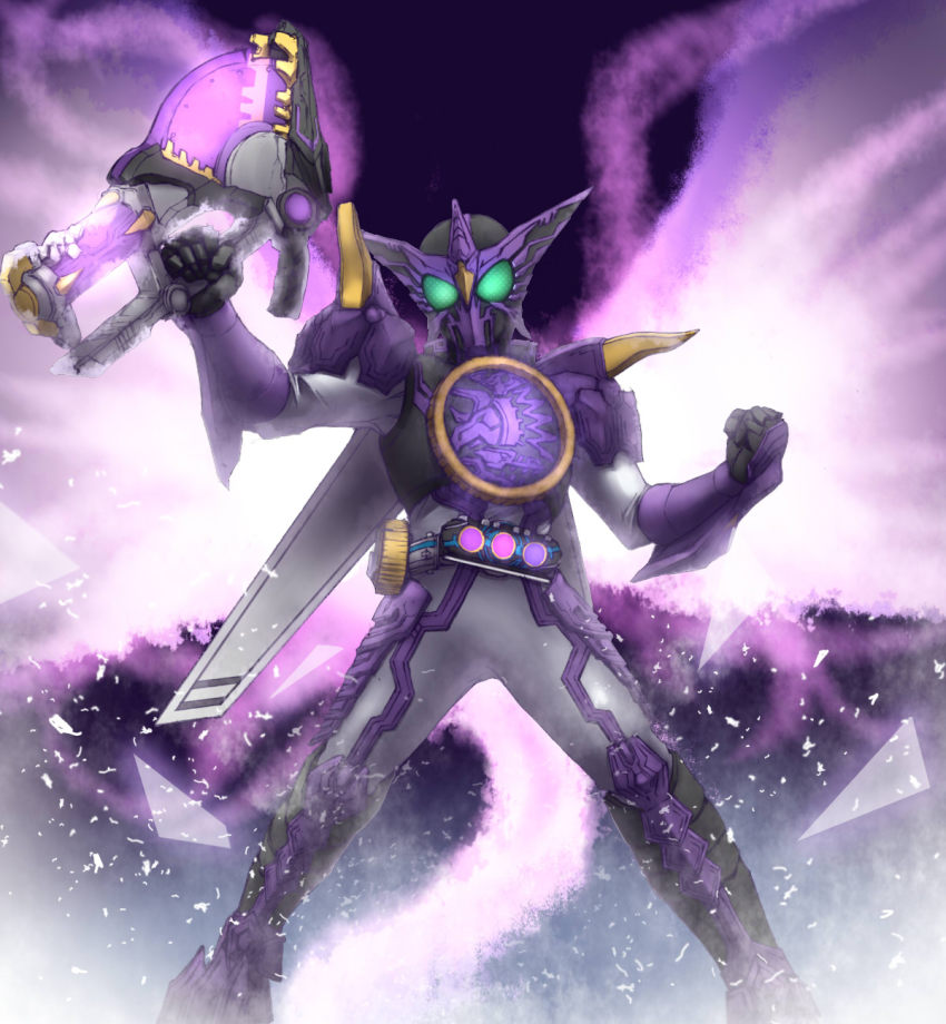 1boy, axe, bad_id, bad_pixiv_id, belt, dn22059, glowing, glowing_eyes, highres, ice, kamen_rider, kamen_rider_ooo, kamen_rider_ooo_(putotyra_combo), kamen_rider_ooo_(series), male_focus, purple_theme, solo, weapon, wings