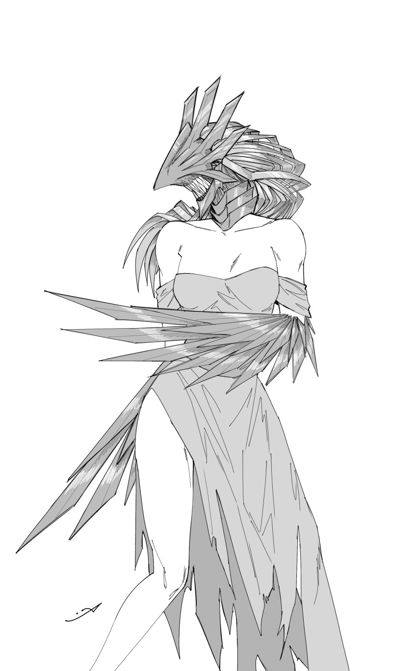 1girl, absurdres, arm_blade, bare_shoulders, chainsaw_man, commentary, dress, greyscale