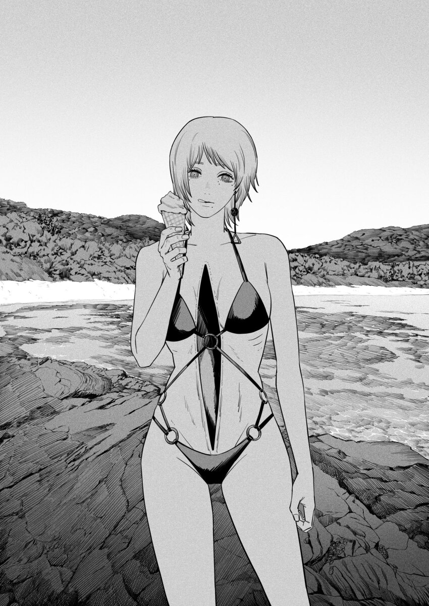 1girl, bikini, breasts, chainsaw_man, earrings, fami_(chainsaw_man), food, greyscale