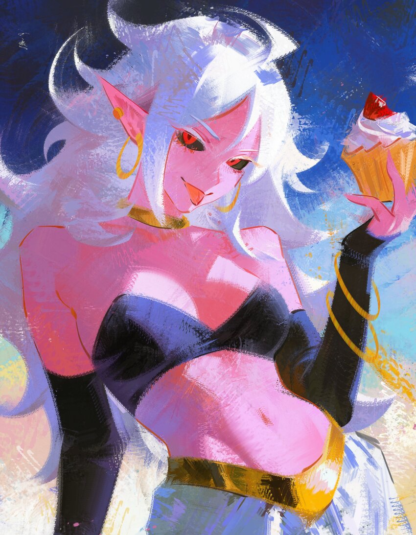 1girl, absurdres, android_21, arm_at_side, arm_warmers, black_sclera, bracelet, breasts