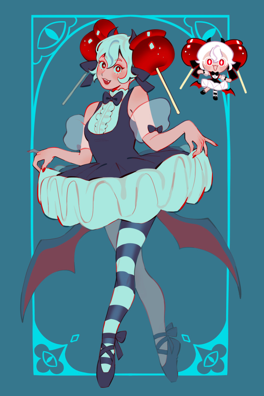 1girl, black_bow, black_bowtie, black_dress, bow, bowtie, candy_apple, candy_apple_cookie