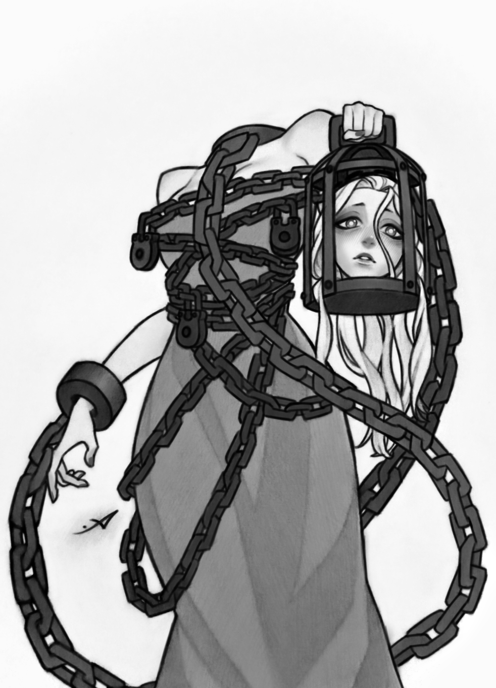 1girl, bare_shoulders, breasts, cage, cleavage, commentary, cuffs, disembodied_head, dress, dullahan, english_commentary, frown, greyscale, highres, holding, holding_cage, holding_detached_head, lock, long_dress, long_hair, medium_breasts, monochrome, mr_andres0n, padlock, parted_lips, shackles, slay_the_princess, solo, strapless, strapless_dress, the_cage_(slay_the_princess)