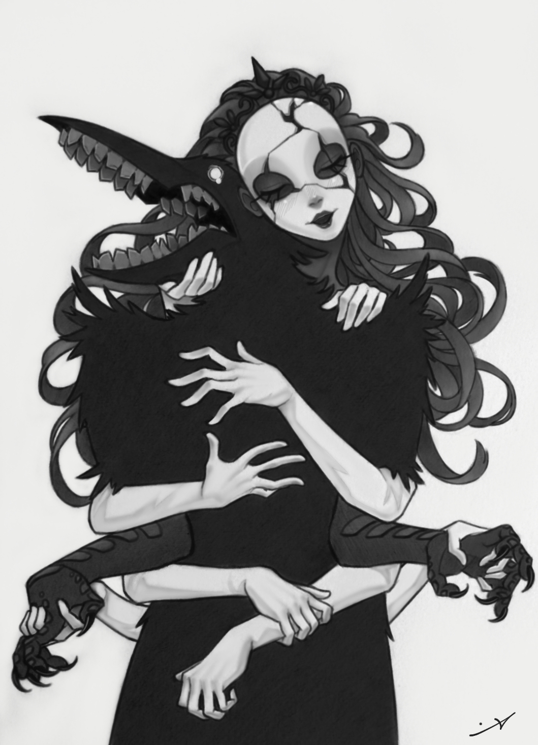 1boy, 1girl, broken_mask, closed_eyes, commentary, english_commentary, extra_arms, greyscale