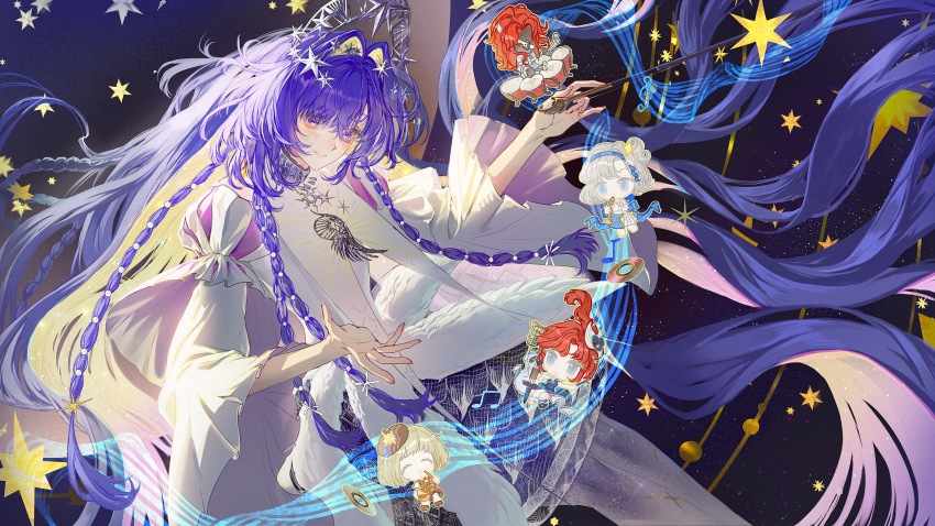 2boys, 3girls, :d, ^_^, absurdres, aleph_(reverse:1999), barcarola_(asteroid_allegro)_(reverse:1999), barcarola_(reverse:1999)