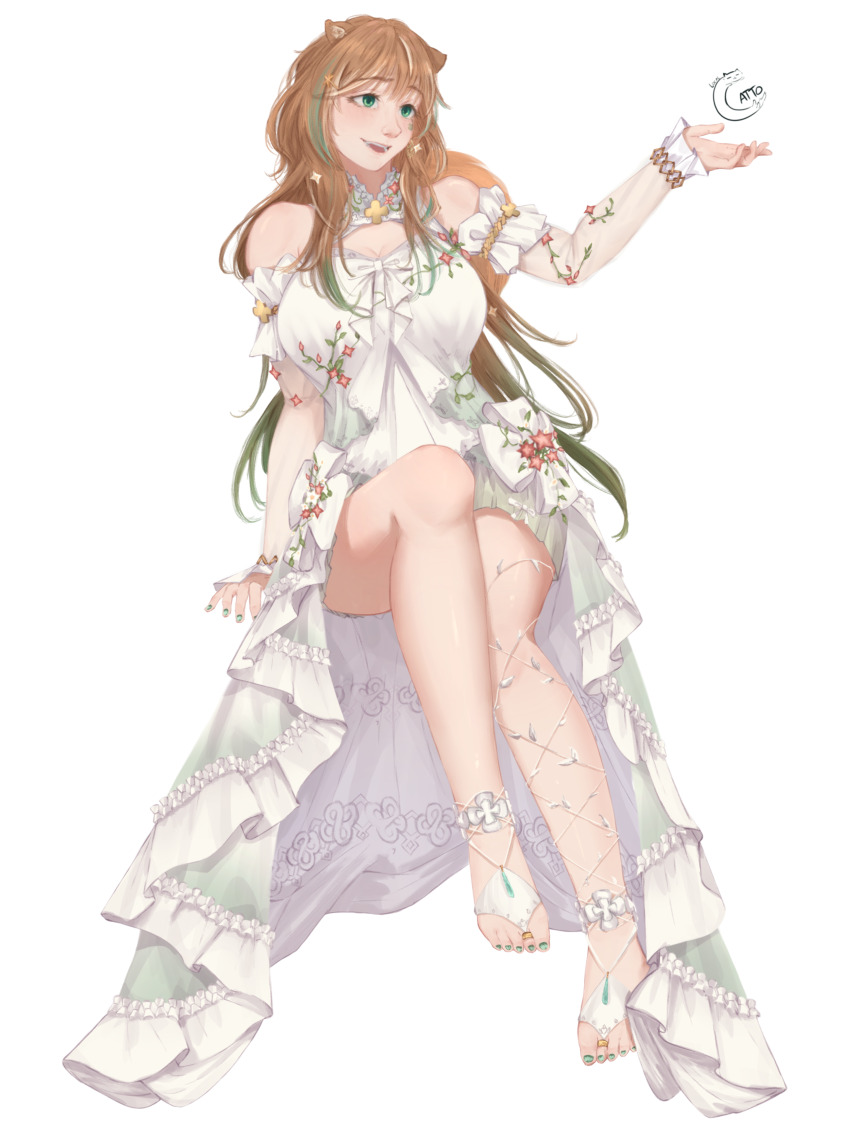 1girl, absurdres, animal_ears, arm_support, ayunda_risu, ayunda_risu_(goddess), breasts, brown_hair