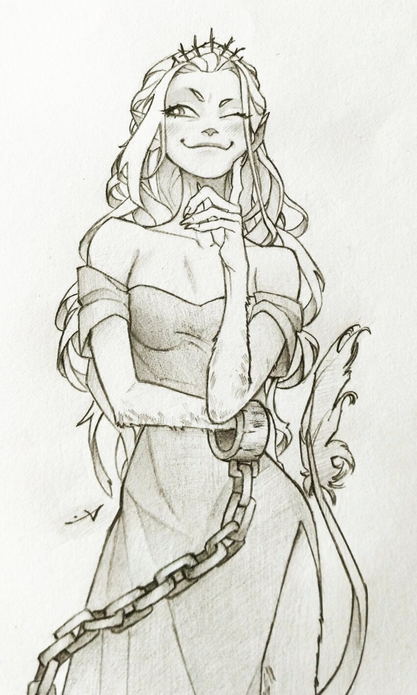 1girl, absurdres, arm_hair, bare_shoulders, breasts, chain, commentary, contrapposto, cowboy_shot, dress, english_commentary, furry, furry_female, graphite_(medium), greyscale, highres, monochrome, mr_andres0n, one_eye_closed, pointy_ears, princess_(slay_the_princess), raised_eyebrows, side_slit, signature, slay_the_princess, small_breasts, snout, solo, strapless, strapless_dress, tail, the_witch_(slay_the_princess), traditional_media