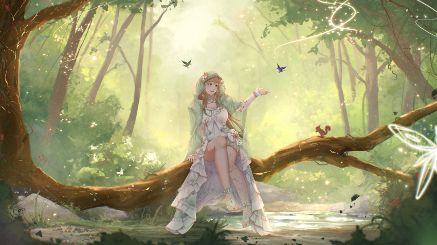 1girl, absurdres, animal_ears, arm_support, ayunda_risu, ayunda_risu_(goddess), bird, breasts