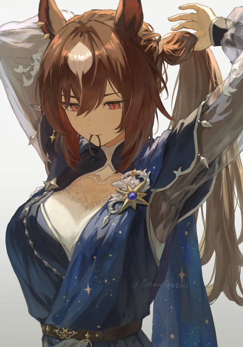 1girl, adjusting_hair, arms_up, belt, blue_dress, breasts, brown_belt, brown_hair, cleavage, closed_mouth, cocontoozai, commentary_request, dress, ear_ornament, hair_between_eyes, hair_tie_in_mouth, highres, large_breasts, long_hair, long_sleeves, mouth_hold, multicolored_hair, official_alternate_costume, red_eyes, see-through_clothes, see-through_sleeves, simple_background, sirius_symboli_(louve_stellaire)_(umamusume), sirius_symboli_(umamusume), solo, streaked_hair, twitter_username, umamusume, upper_body, white_background, white_hair