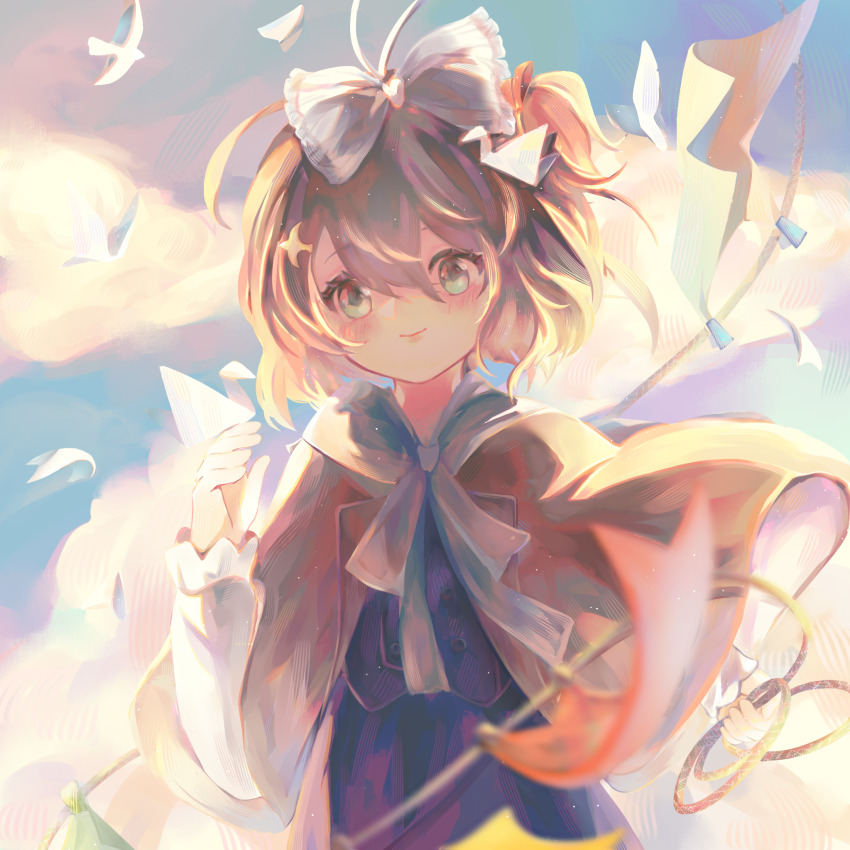 1girl, blue_eyes, blue_skirt, blue_sky, blue_vest, bow, brown_cloak, brown_hair