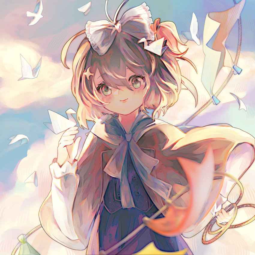 1girl, blue_eyes, blue_skirt, blue_sky, blue_vest, bow, brown_cloak, brown_hair