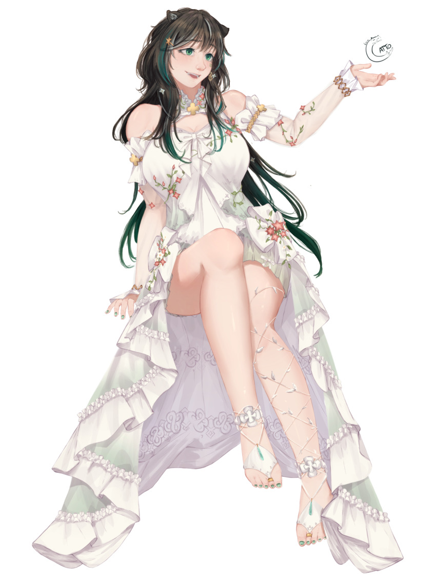 1girl, absurdres, alternate_hair_color, arm_support, ayunda_risu, ayunda_risu_(goddess), black_hair, breasts