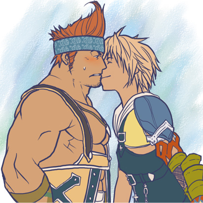 2boys, bara, biceps, blonde_hair, blush, closed_eyes, final_fantasy, final_fantasy_x