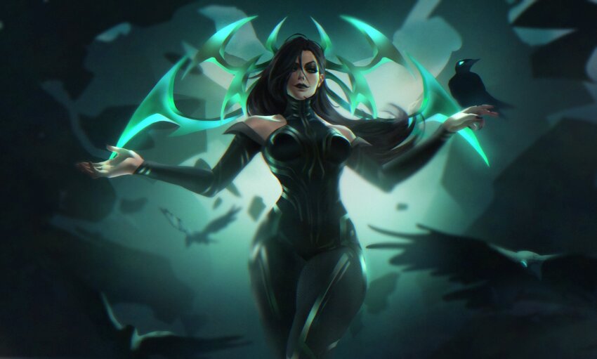 1girl, bare_shoulders, bird, black_hair, bodysuit, breasts, crow, green_eyes