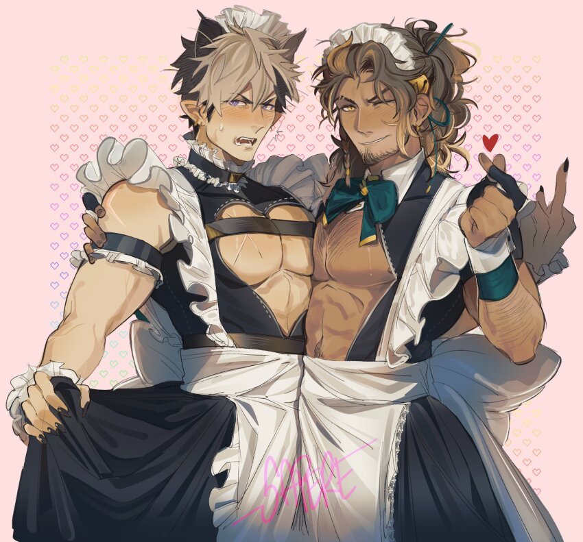 2boys, animal_ears, apron, arm_cuffs, arm_hair, back_bow, beard, beard_stubble, bell, black_dress, blush, bow, bowtie, braid, brown_hair, cat_boy, cat_ears, chest_hair, chest_harness, choker, cleavage_cutout, clothes_lift, clothing_cutout, crimzon_ruze, crossdressing, crossdressing_(mtf), cuffs, dark-skinned_male, dark_skin, dress, embarrassed, facial_hair, fangs, finger_heart, frilled_choker, frilled_wrist_cuffs, frills, goldbullet, green_bow, green_bowtie, grin, hand_on_another's_shoulder, harness, heart, heart_background, heart_cutout, highres, holding_own_dress, holostars, holostars_english, jingle_bell, kemonomimi_mode, large_pectorals, long_hair, maid, maid_apron, maid_headdress, male_focus, male_maid, middle_finger, multicolored_hair, multiple_boys, one_eye_closed, pectoral_docking, pectoral_press, pectorals, pink_background, pointy_ears, ponytail, sap_(_sapere), short_hair, side_braid, single_braid, skirt, skirt_lift, smile, streaked_hair, stubble, two-tone_hair, virtual_youtuber, waist_apron, waist_bow, wrist_cuffs