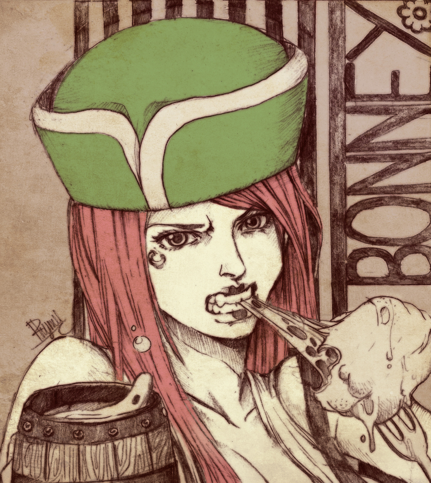 1girl, anti-eyebrow_piercing, bare_shoulders, beer_mug, black_eyes, character_name, clenched_teeth, collarbone