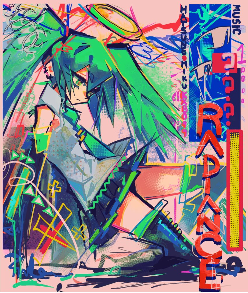 1girl, :|, abstract, absurdres, arm_support, artist_name, black_skirt, character_name
