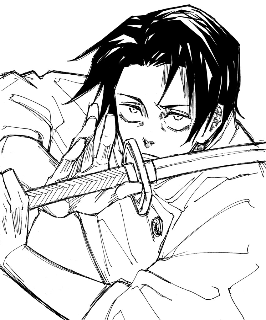 1boy, black_hair, closed_mouth, derivative_work, highres, holding, holding_sword, holding_weapon