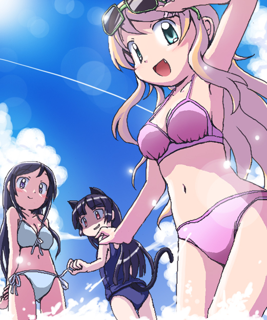 3girls, animal_ears, aqua_eyes, aragaki_ayase, bikini, black_hair, blonde_hair, cat_ears, cat_tail, from_below, gokou_ruri, kinutani_kanata, kousaka_kirino, long_hair, multiple_girls, oekaki, one-piece_swimsuit, ore_no_imouto_ga_konna_ni_kawaii_wake_ga_nai, school_swimsuit, swimsuit, tail