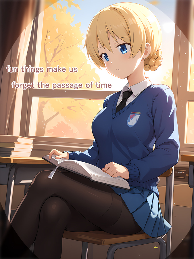 1girl, black_necktie, black_pantyhose, blonde_hair, blue_eyes, blue_skirt, blue_sweater, book