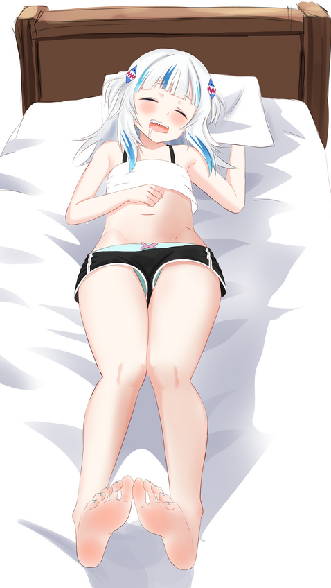 1girl, aqua_panties, bare_legs, bare_shoulders, barefoot, bed_sheet, black_shorts, blue_hair