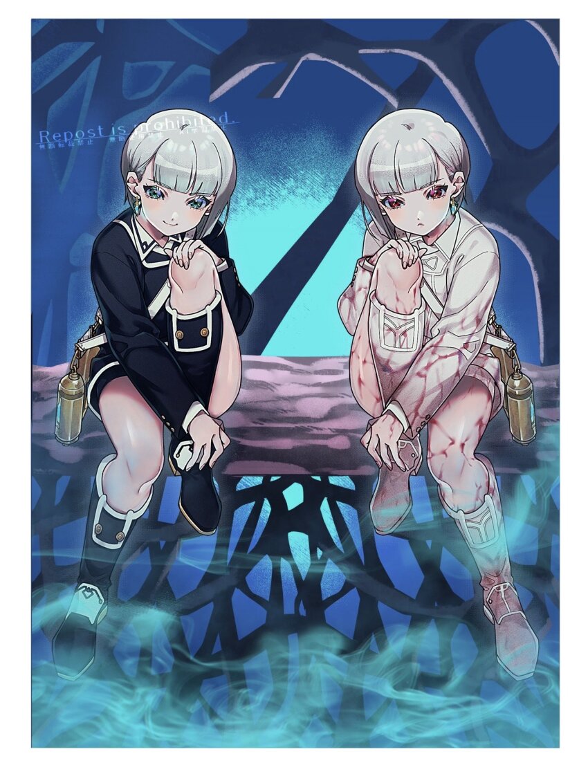 2girls, :<, blue_eyes, boots, corruption, dual_persona, earrings, ender_lilies_quietus_of_the_knights, ender_magnolia_bloom_in_the_mist, full_body, grey_hair, highres, jacket, jewelry, leg_up, lilac_(ender_magnolia), multiple_girls, red_eyes, short_hair, shorts, single_earring, sitting, smile, smoke, veins, yunosuke_(ouuouukun)