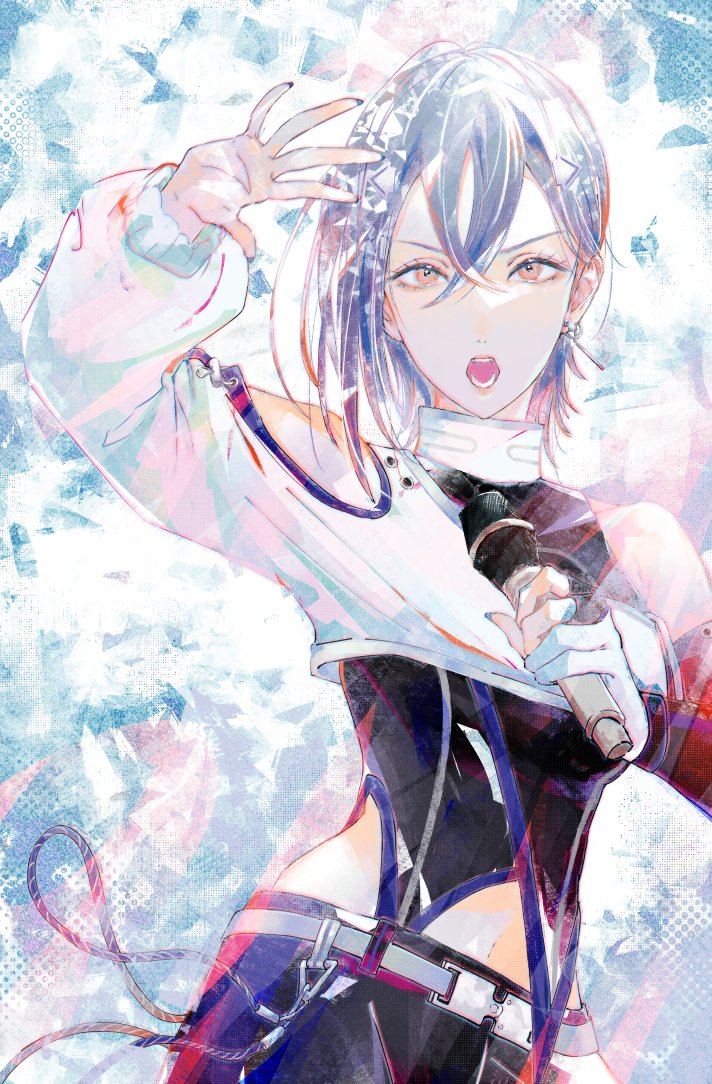 1girl, arm_up, bare_shoulders, belt, black_pants, black_shirt, breasts, clothing_cutout