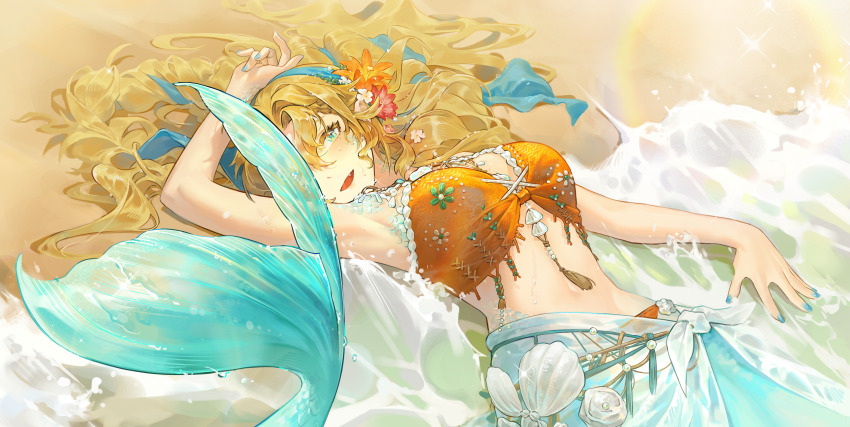 1girl, :d, absurdres, aqua_eyes, arm_up, armpits, bare_shoulders, beach, bikini, blonde_hair, blue_hairband, breasts, cleavage, commentary, cowboy_shot, fang, flower, hair_between_eyes, hair_flower, hair_ornament, hair_spread_out, hairband, highres, large_breasts, lens_flare, long_hair, looking_at_viewer, lying, mermaid, midriff, mole, mole_under_eye, monster_girl, navel, nell_ro, ocean, official_alternate_costume, on_back, one_eye_covered, open_mouth, orange_bikini, orange_flower, red_flower, reverse:1999, sand, sarong, scales, sidelocks, smile, solo, swimsuit, vila_(by_the_painted_city)_(reverse:1999), vila_(reverse:1999), white_sarong