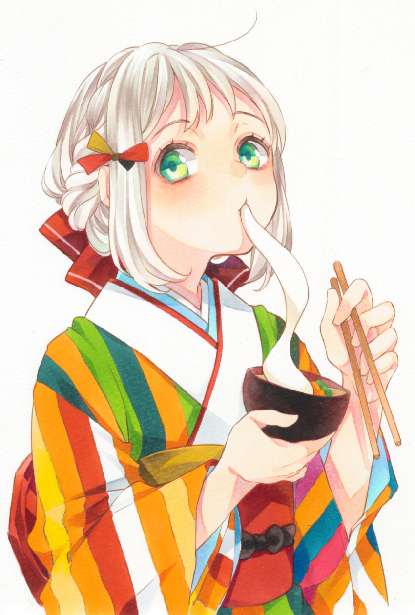 1girl, blush, bow, bowl, braid, chopsticks, commentary_request, eating