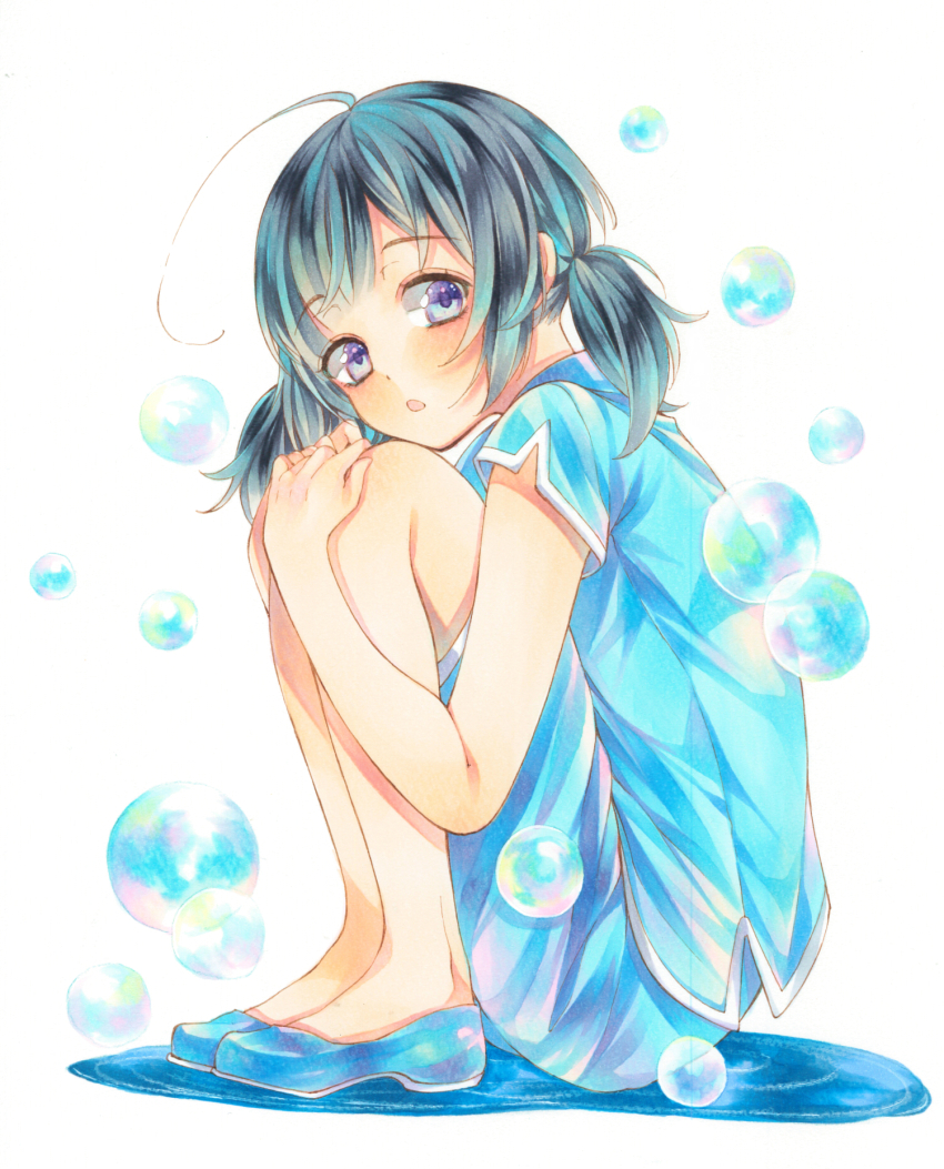 1girl, :o, ahoge, black_hair, blue_hair, blue_shirt, blue_shoes, blue_shorts