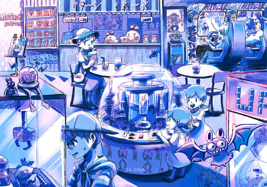 3boys, 3girls, a_10sun, ana_(mother), bag, baseball_cap, bat_(animal), brain