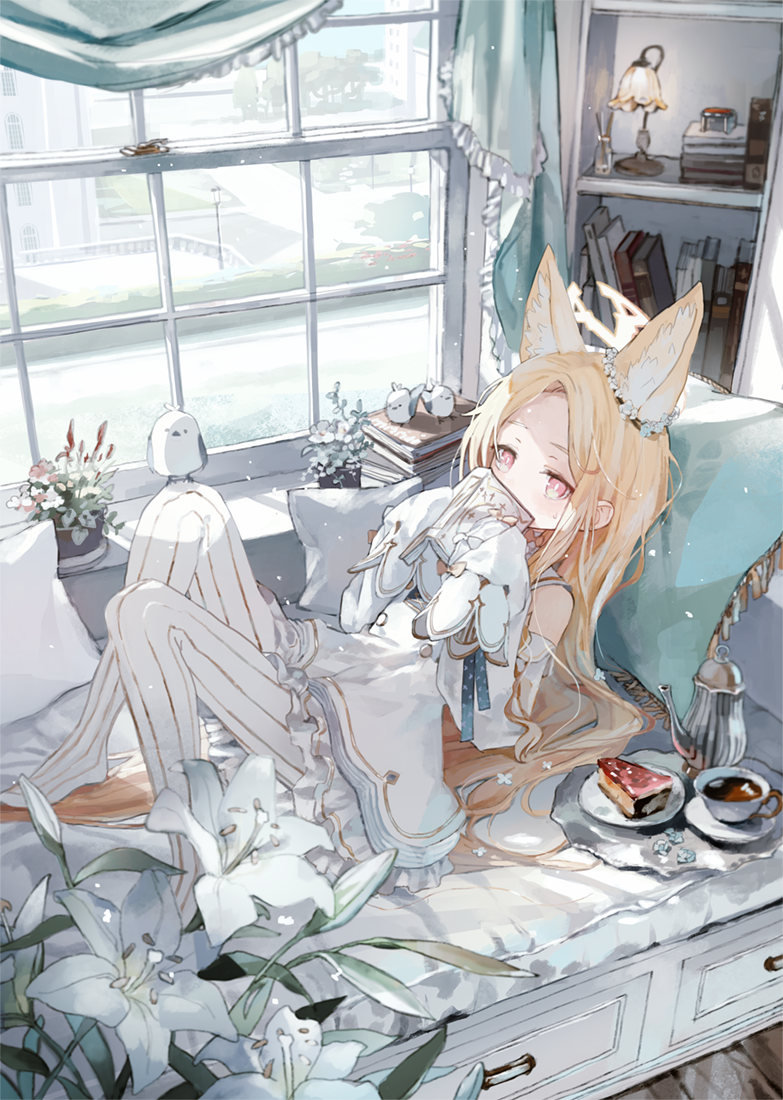 1girl, animal_ear_fluff, animal_ears, bare_shoulders, bird, bird_on_knee, blonde_hair, blue_archive