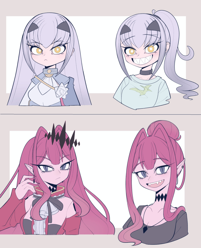 2girls, baobhan_sith_(fate), baobhan_sith_(first_ascension)_(fate), black_shirt, breasts, detached_sleeves, dress, earrings