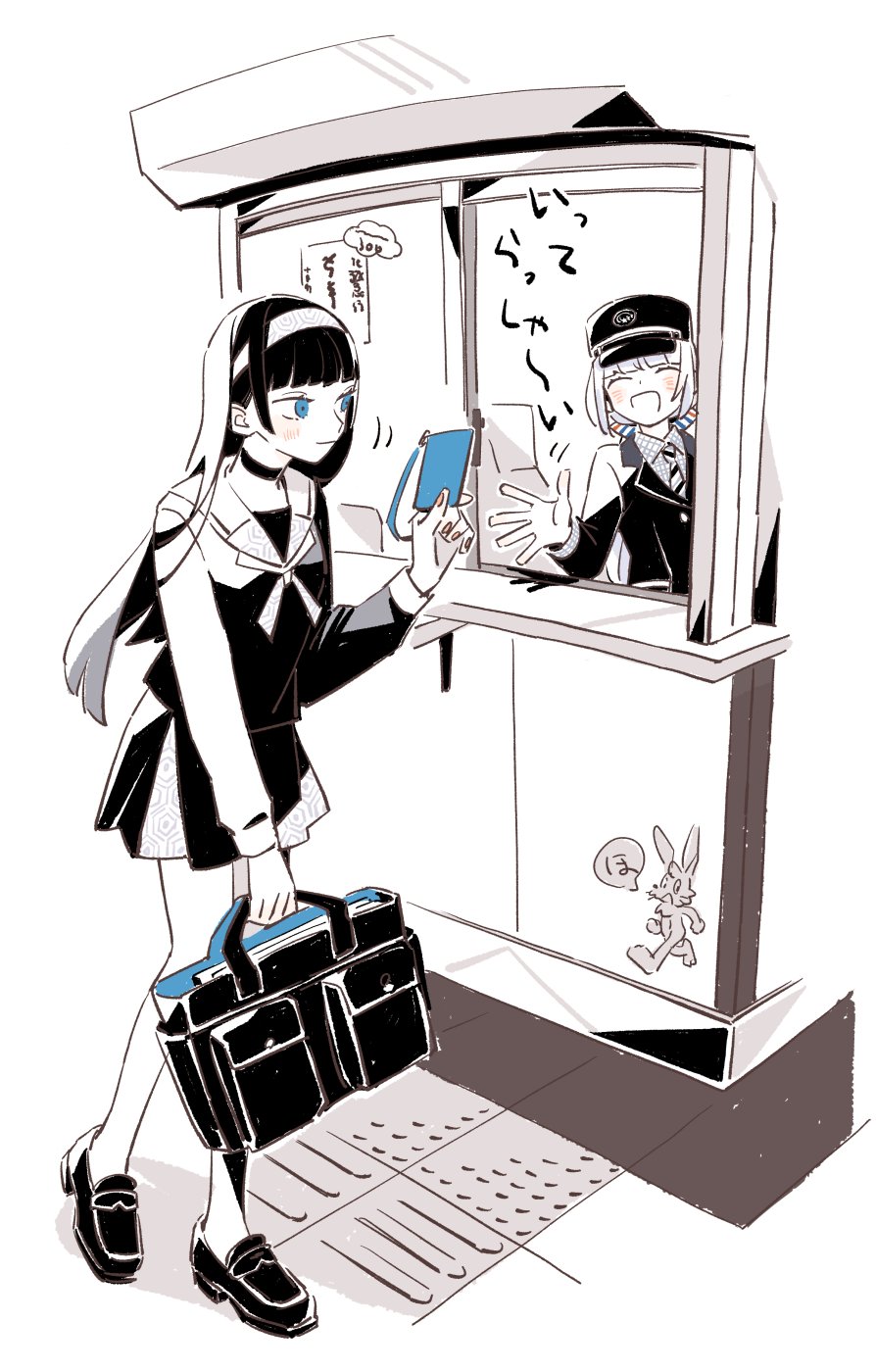 2girls, asahi_(uwa), bag, black_choker, black_hair, black_jacket, black_serafuku, blue_eyes